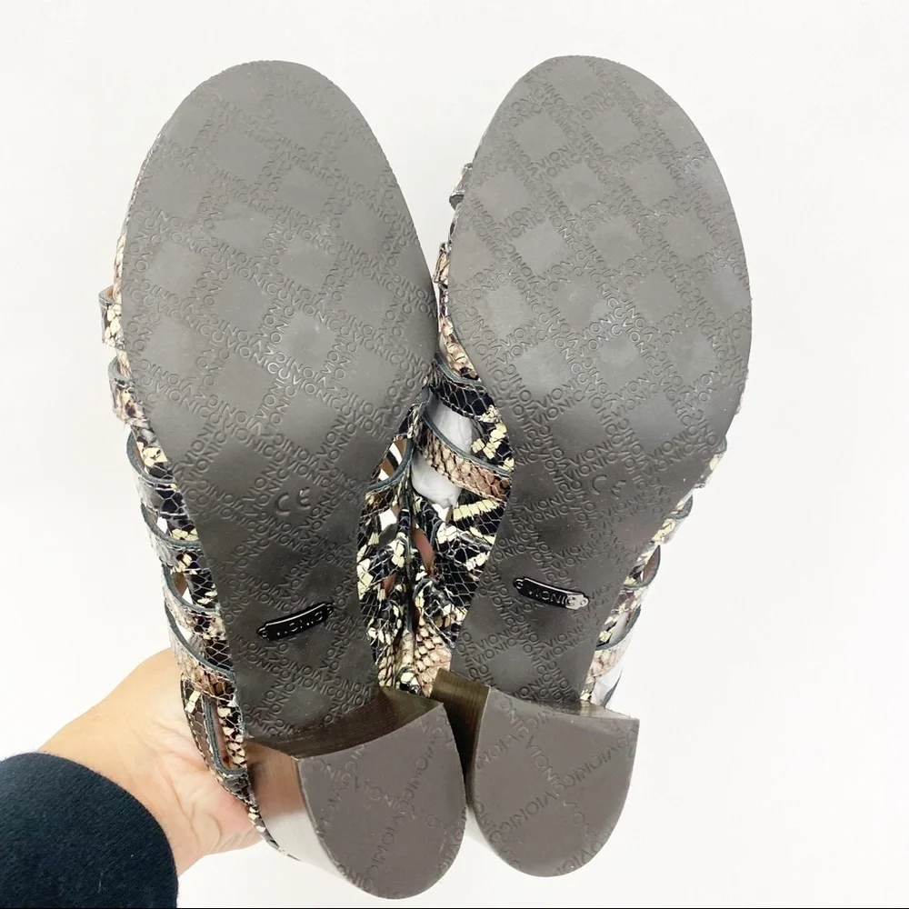 Vionic Perk Sami Leather Caged Heeled Sandals: Black Boa Snakeskin